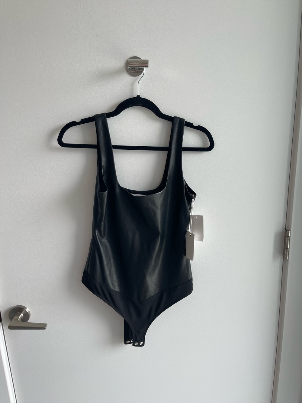Good American Black Faux Leather Bodysuit